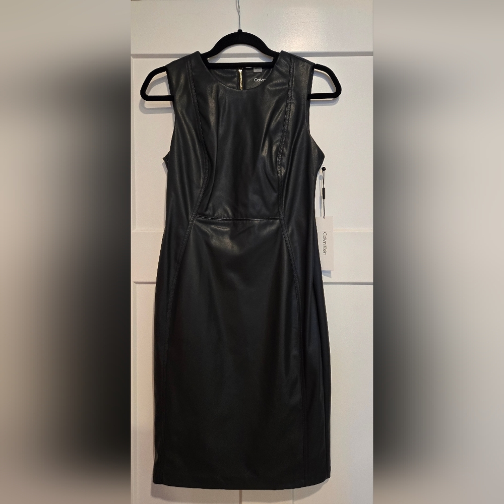 Calvin Klein Women's Faux Leather Sleevless Dress Dark Gray SIZE 4 NEW